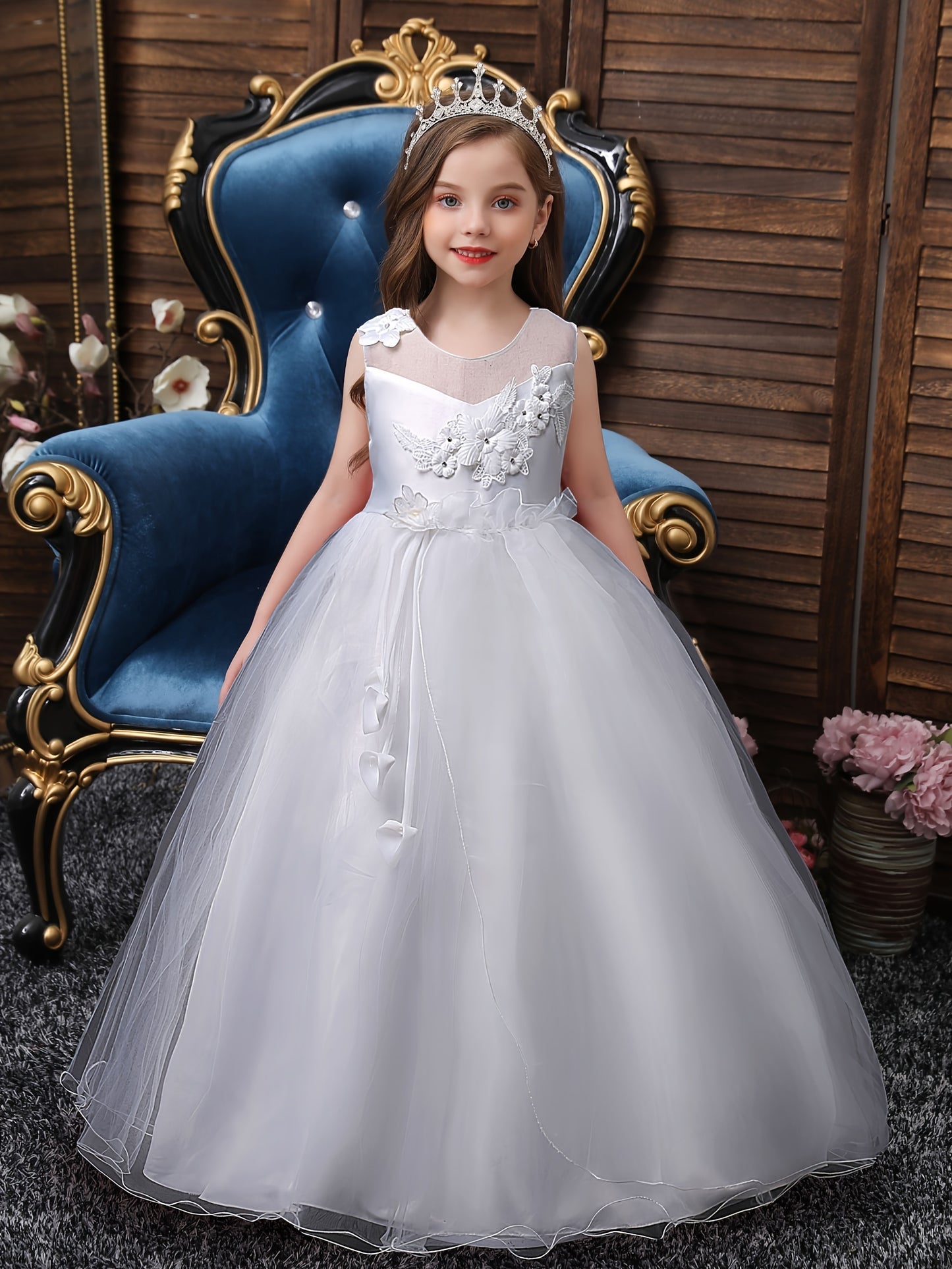 Girls Princess Sleeveless Flower Embroidery Tutu Dress