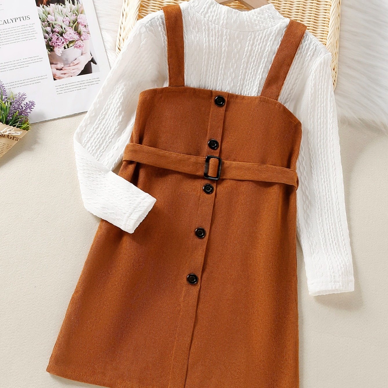 2pcs Kids Girls Knitted Tops and Corduroy Slip Dress Suits