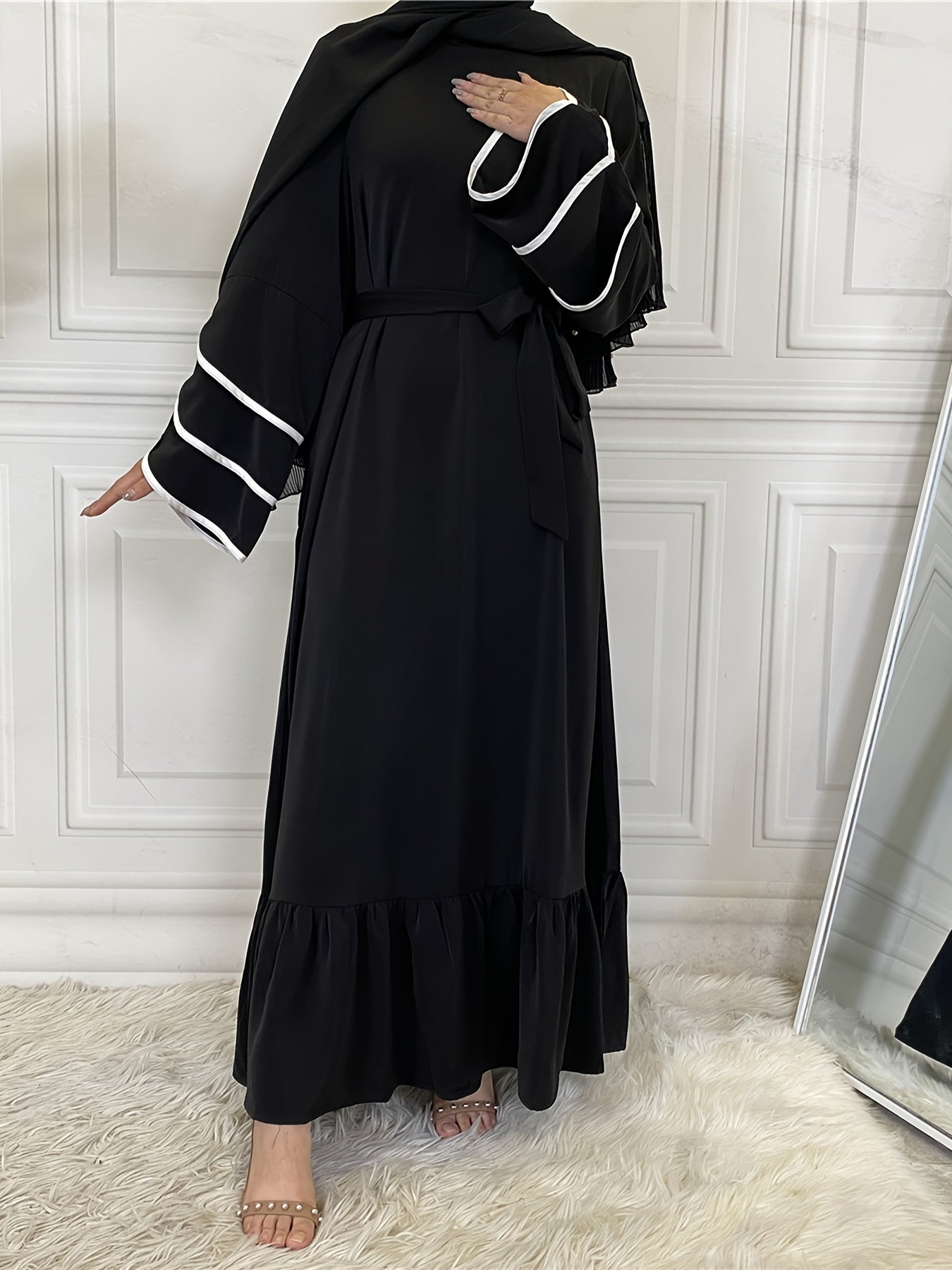 Women's Solid Muslim Petal Sleeve Crew Neck Loose Dress