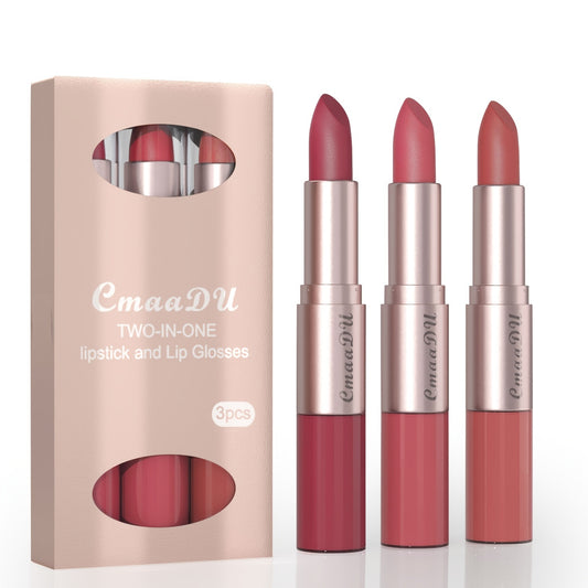 2-in-1 Lipstick and Lip Gloss Set: 3 Colors, Natural Matte Velvet Finish, Double Headed Dual Use, Long Lasting and Waterproof