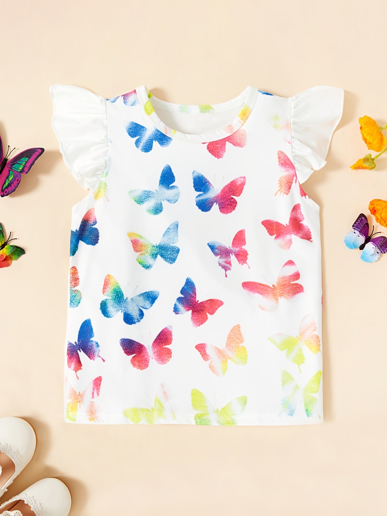 Toddler Girls Ruffle Sleeves T-shirt Tee With Butterfly Prints, Short Sleeve Top Baby Kids Clothes Summer