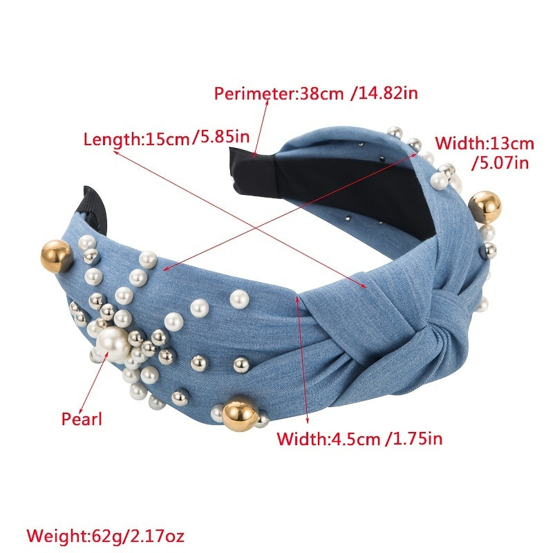 Fashionable Denim Headband with Faux Pearls and Wide Beads Bow