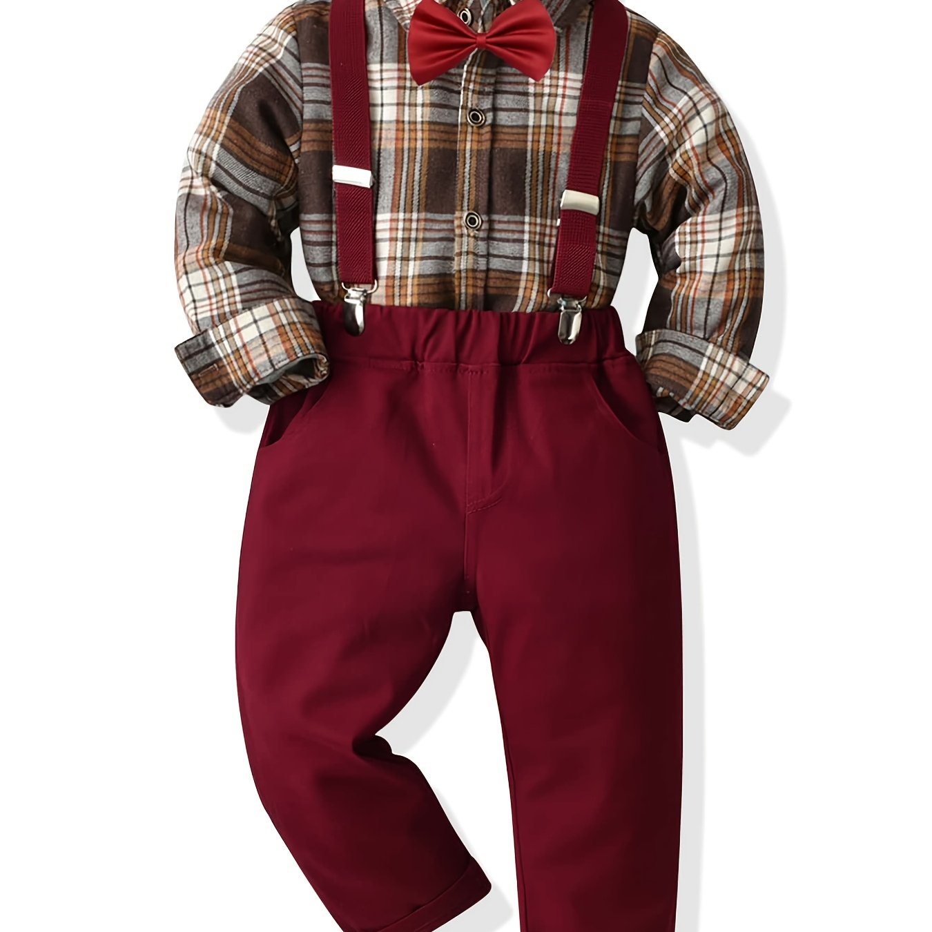 Boys Plaid Long-sleeved Shirt and Suspenders Pants Formal Gentleman Suit Outfit