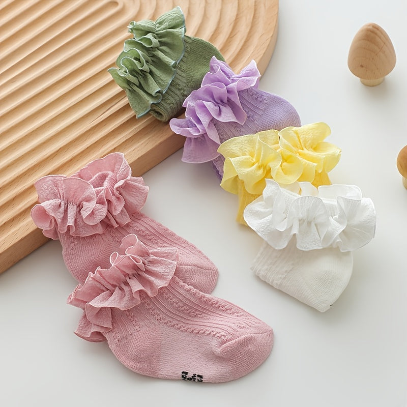 Toddler Girls Ruffle Lace Trim Solid Color Socks