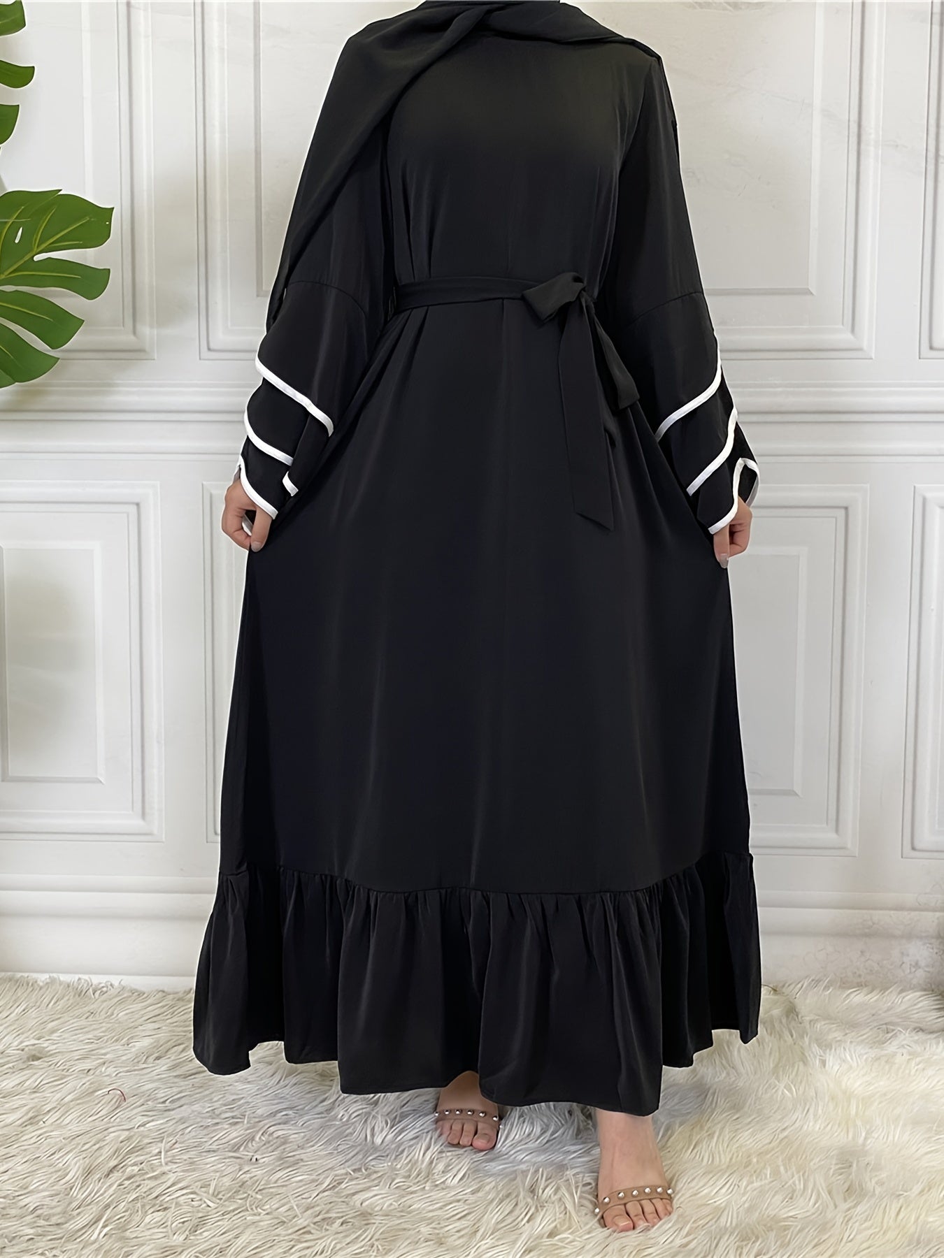 Women's Solid Muslim Petal Sleeve Crew Neck Loose Dress