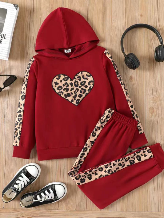 2pcs Baby Girls Leopard-Print Paneled Hoodie and Pants Set