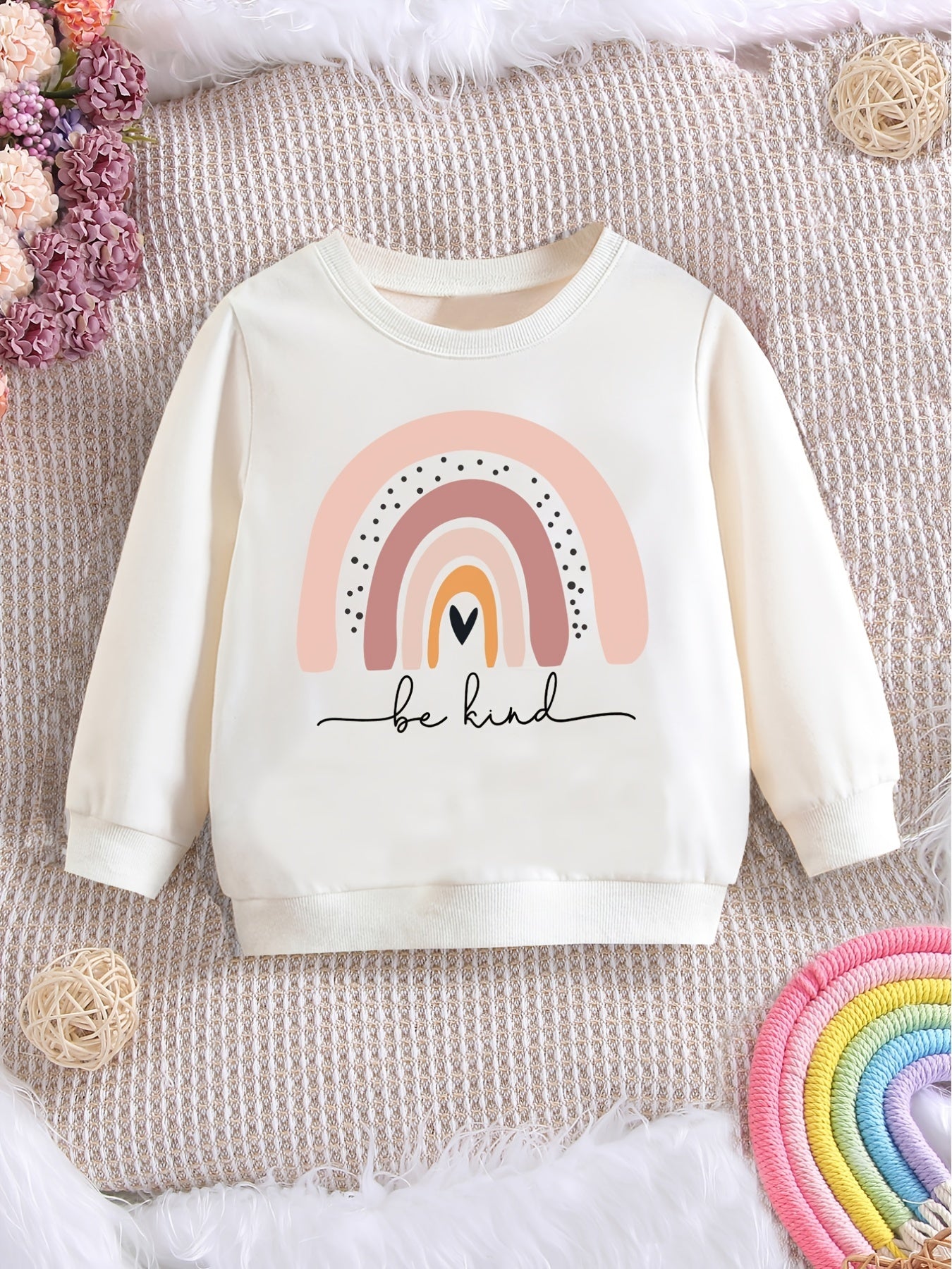 Girls Casual Cute Pullover Sweatshirt with Rainbow "Be Kind" Print