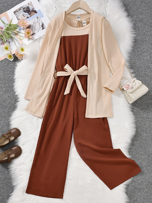 3PCS Girls Cotton Coat & Brown Jumpsuit with Bow Belt Set