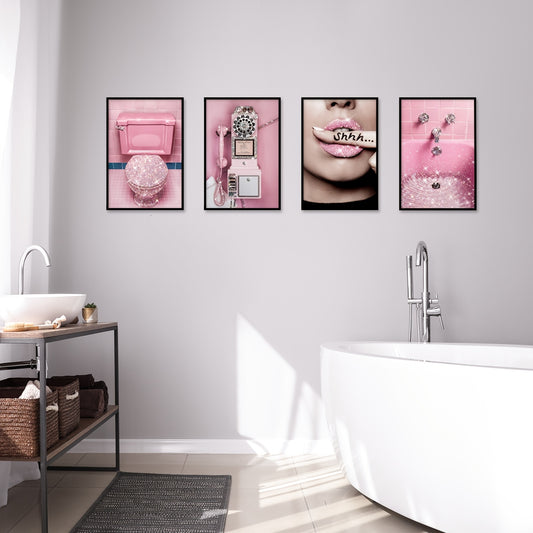 4PCS Glitter Pink Bathroom Wall Art Set