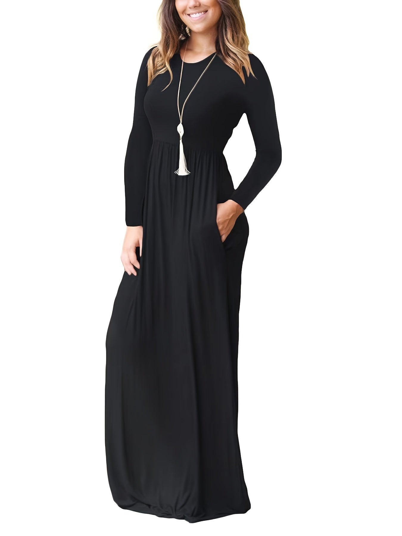 Solid Pocket Round Neck Long Sleeve Dress with Elegant Ruffled Hem High Waist Maxi Dress