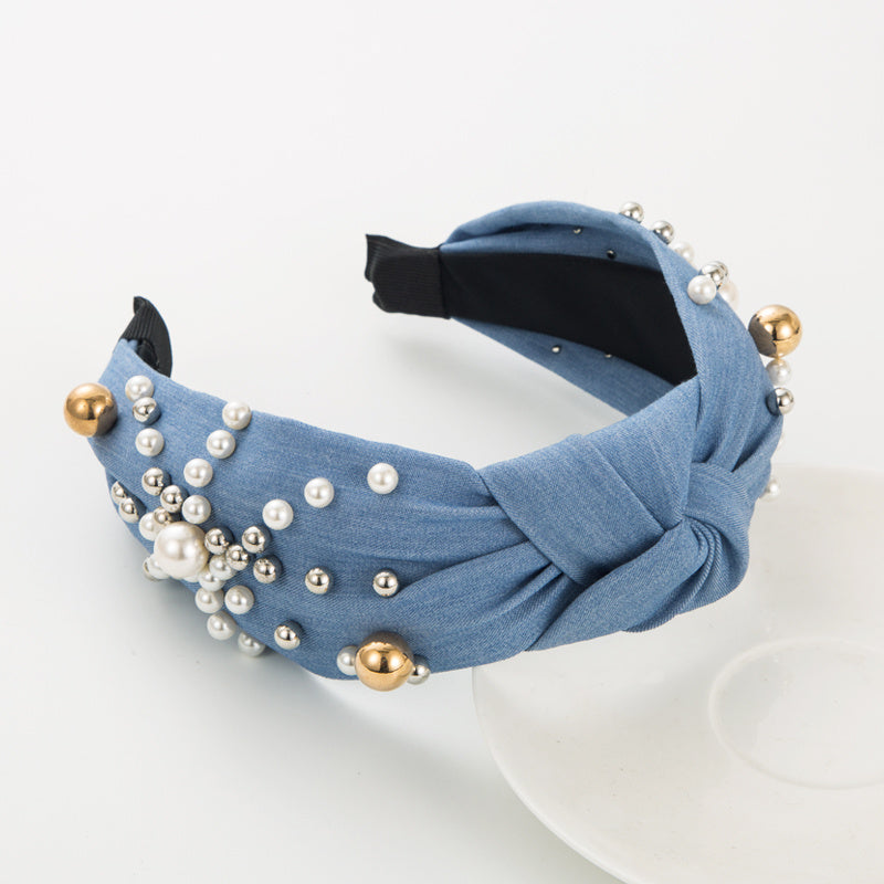 Fashionable Denim Headband with Faux Pearls and Wide Beads Bow