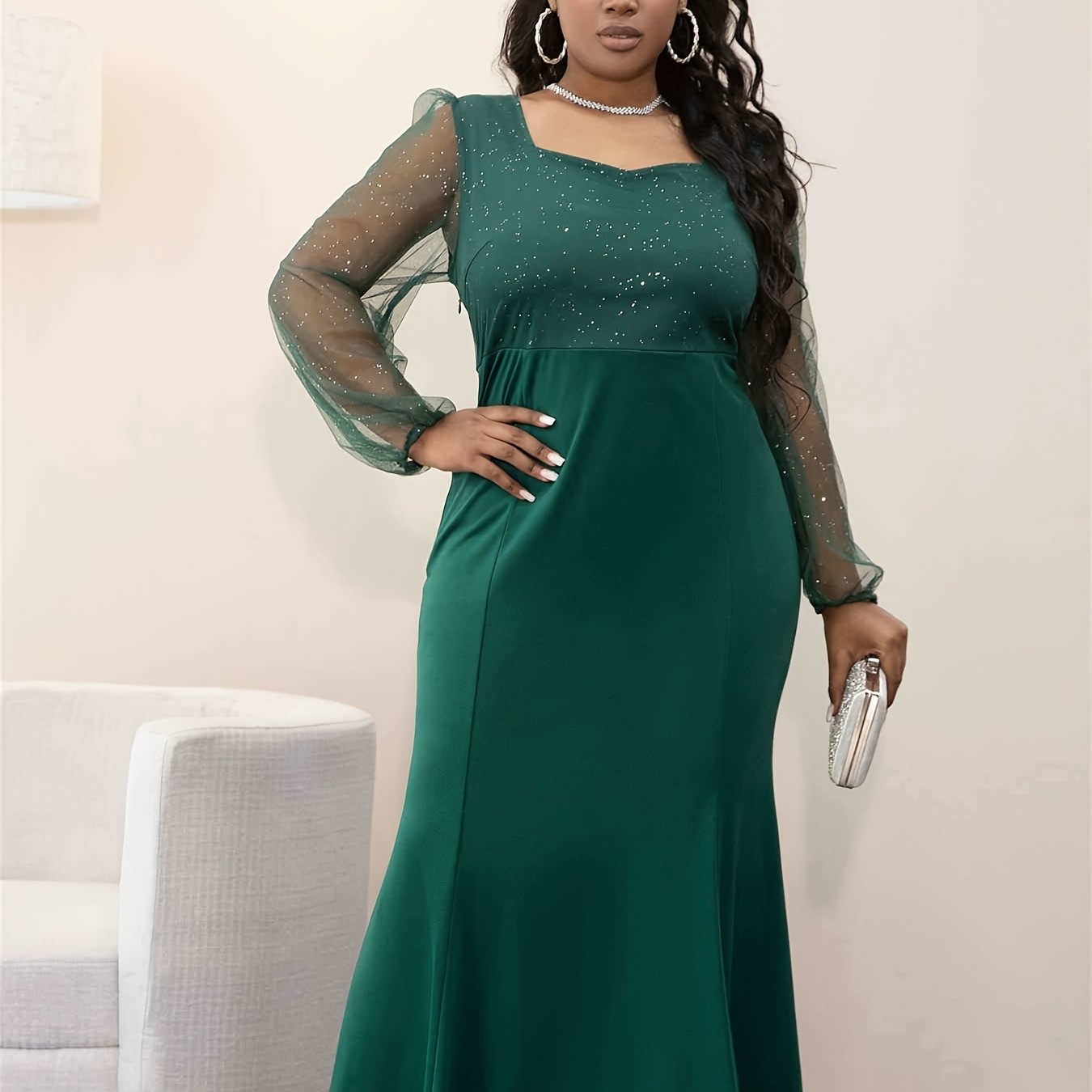 Women's Plus Size Contrast Mesh Mermaid Slim Fit Maxi Dress