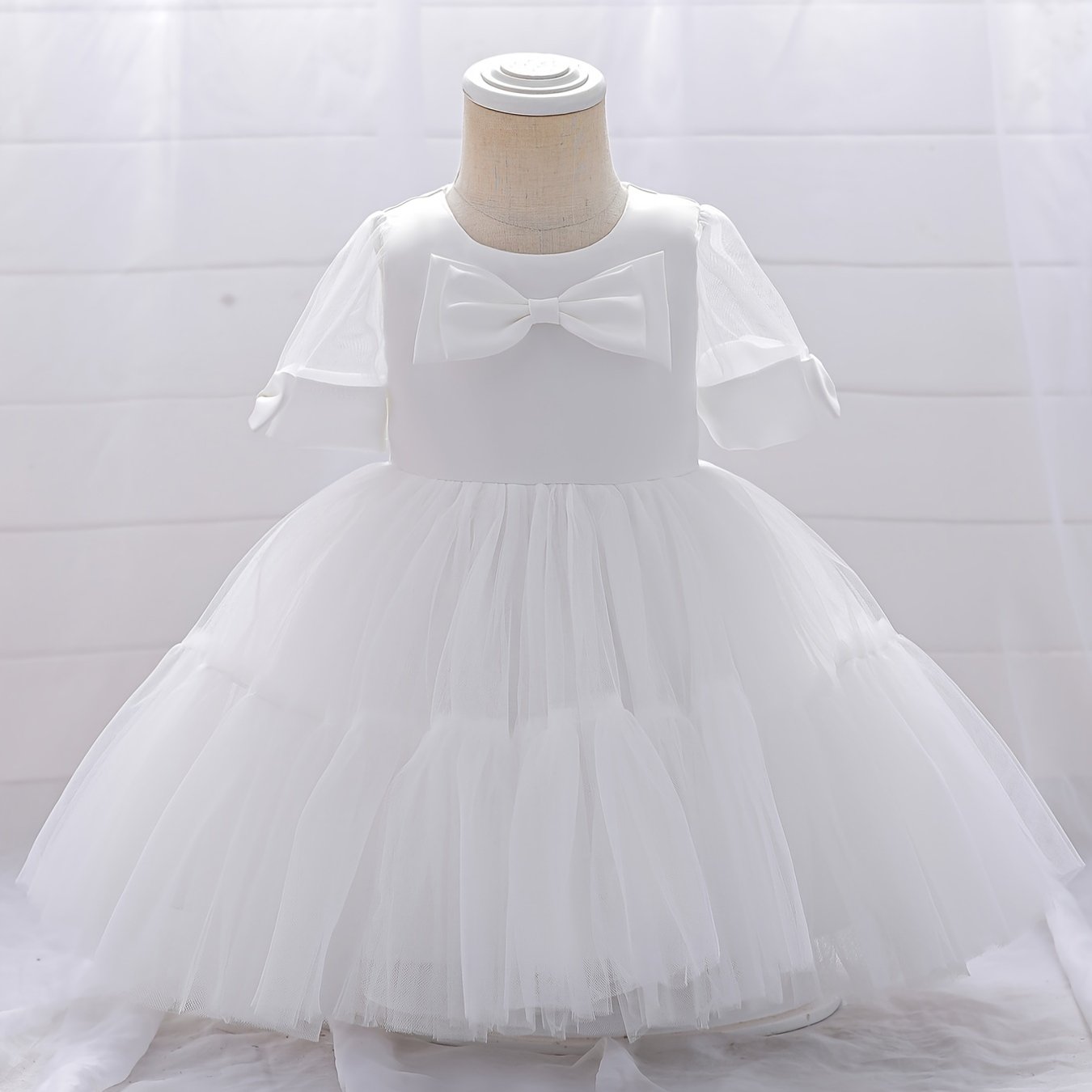 Girls Elegant Bowknot Decor Short Sleeve Mesh Princess Dress Clothes