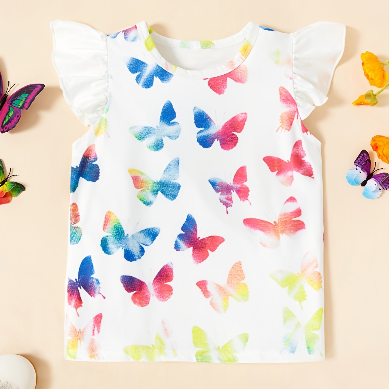 Toddler Girls Ruffle Sleeves T-shirt Tee With Butterfly Prints, Short Sleeve Top Baby Kids Clothes Summer