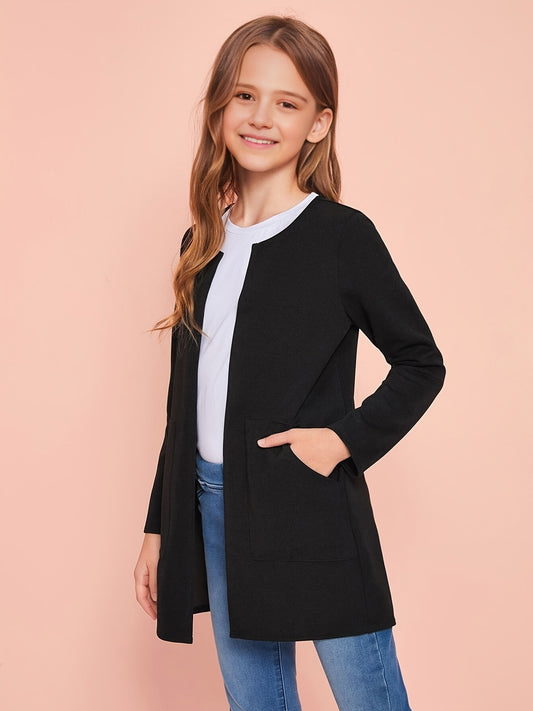 Girls Open Front Solid Knit Cardigan Jacket