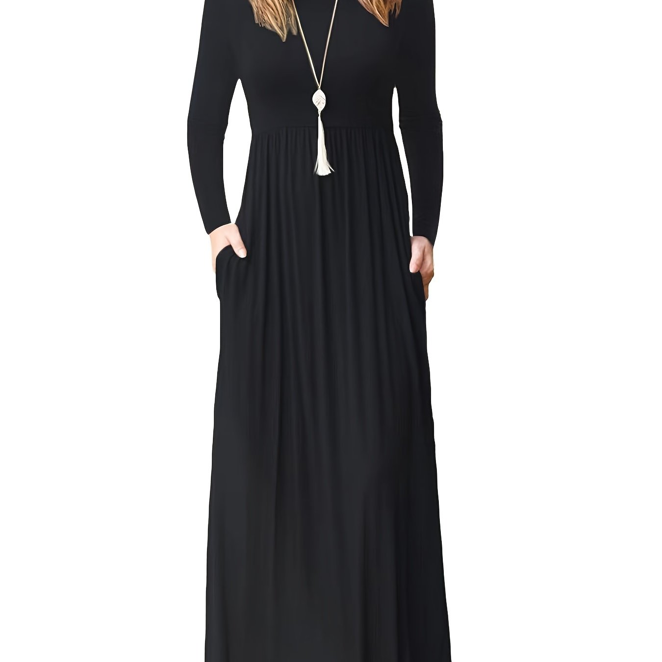 Solid Pocket Round Neck Long Sleeve Dress with Elegant Ruffled Hem High Waist Maxi Dress