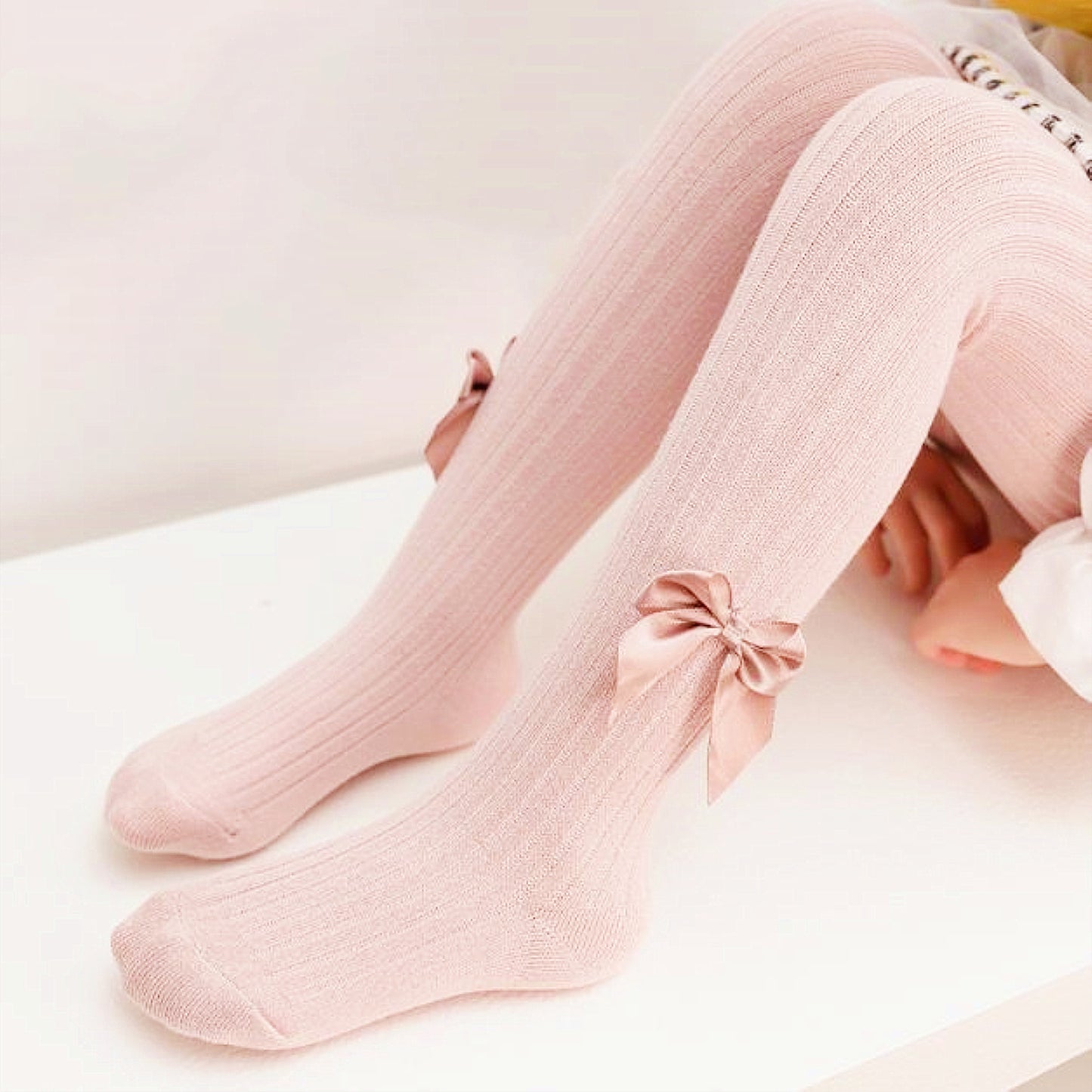 Seamless Cable Knit Tights with Bow for Baby Girls