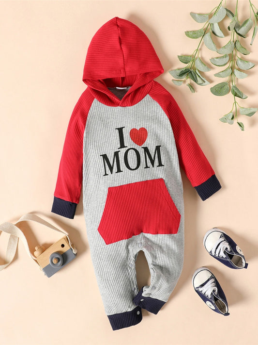 Baby Hooded Romper with Ribbed Letter Print