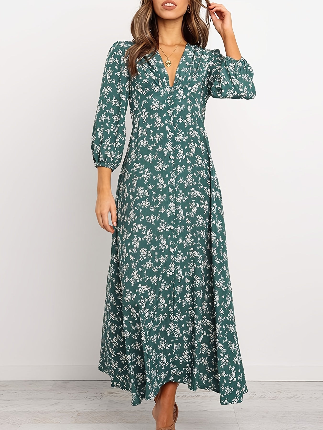 Vintage Ditsy Floral Lantern Long Sleeve Dress