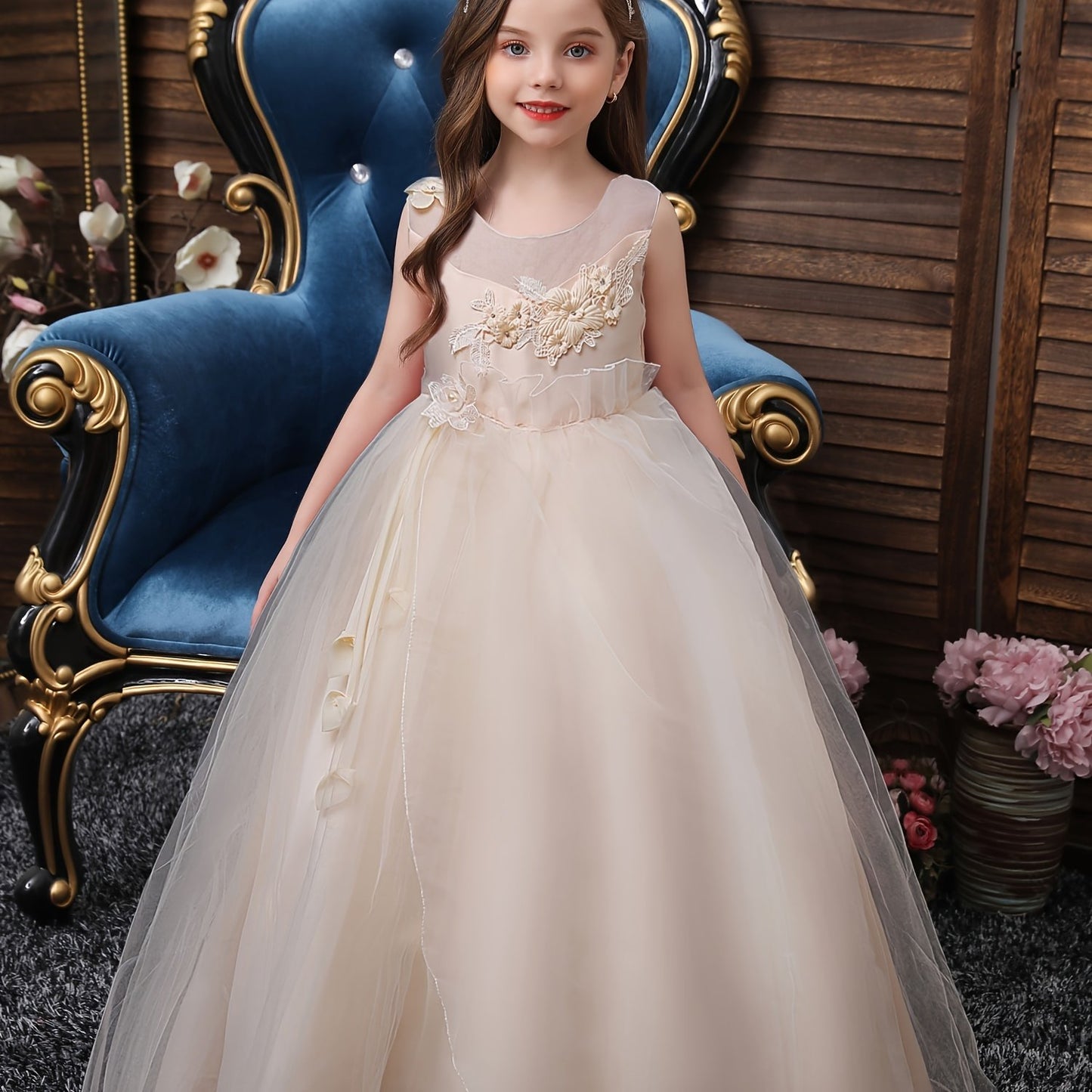 Girls Princess Sleeveless Flower Embroidery Tutu Dress