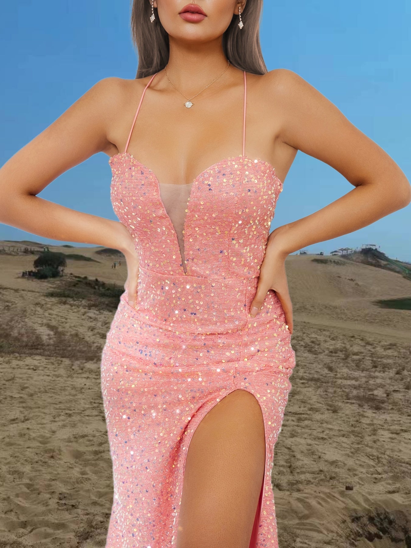 Spaghetti Straps Sequins Shinning Maxi Evening Party Dress