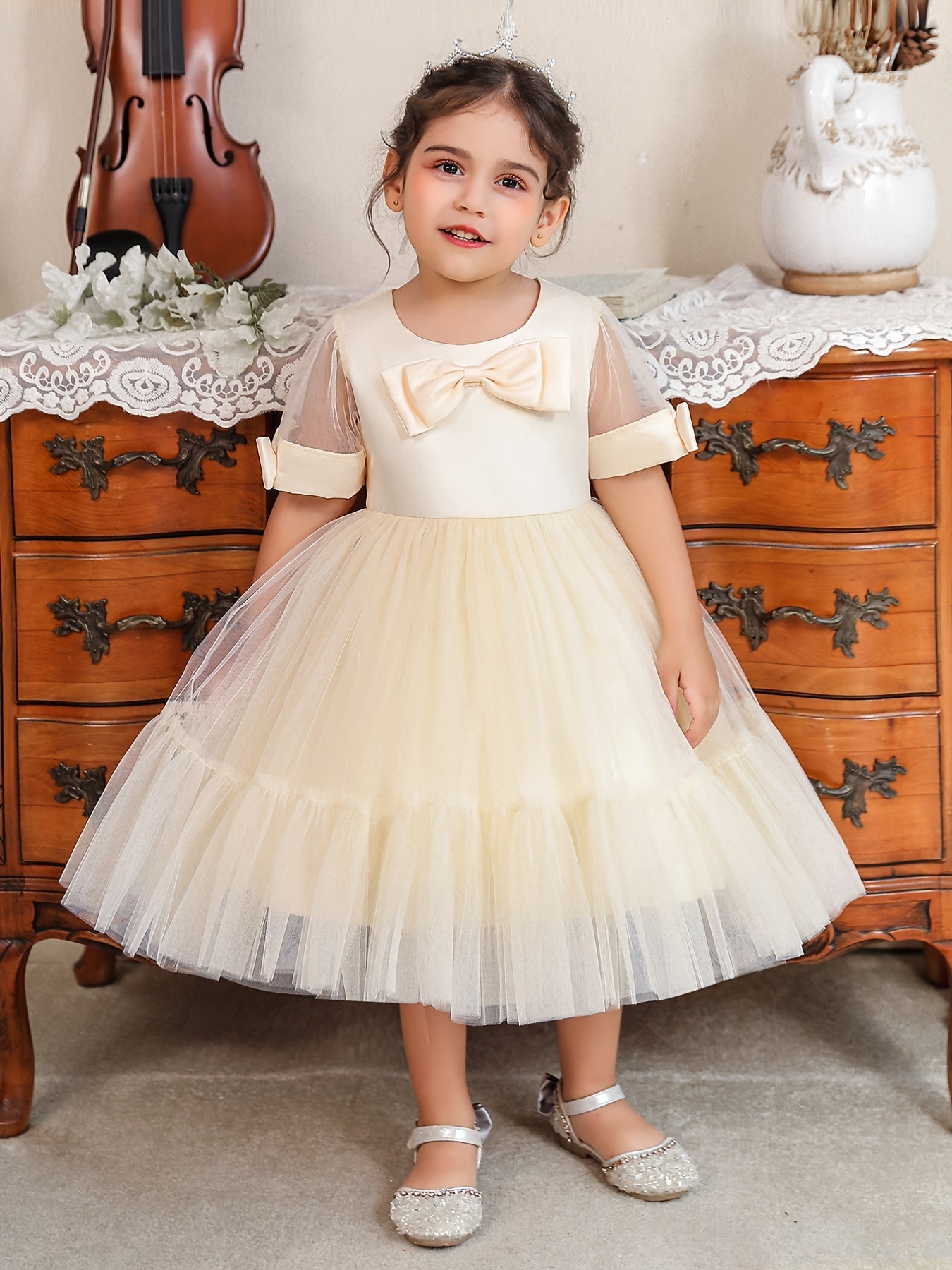 Girls Elegant Bowknot Decor Short Sleeve Mesh Princess Dress Clothes