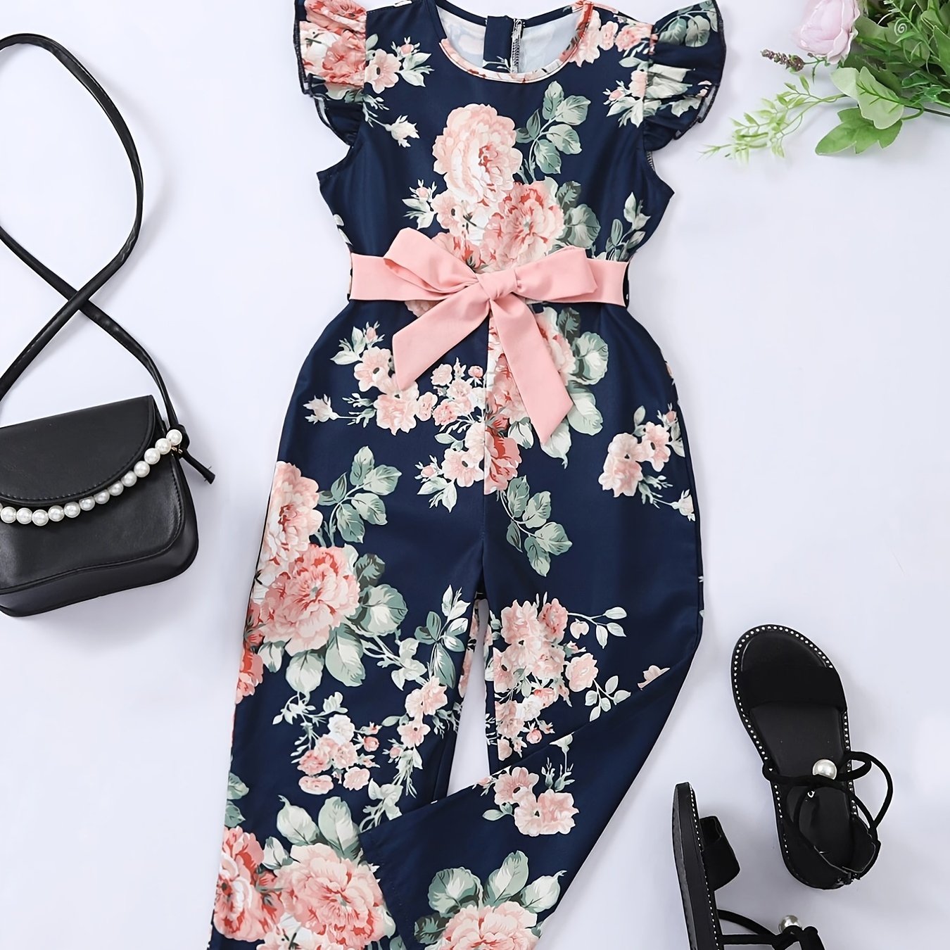 Girls Ruffle Butterfly Sleeve Floral Print Jumpsuit