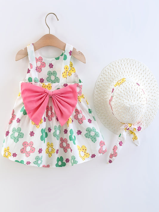 Infant Little Girls Sleeveless Princess Dress + Hat Set with Big Bowknot Design