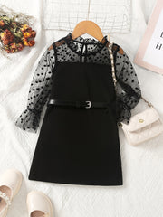 Girls Long Puff Sleeve Black Polka Dot Print Splicing Tulle Dress With Belt