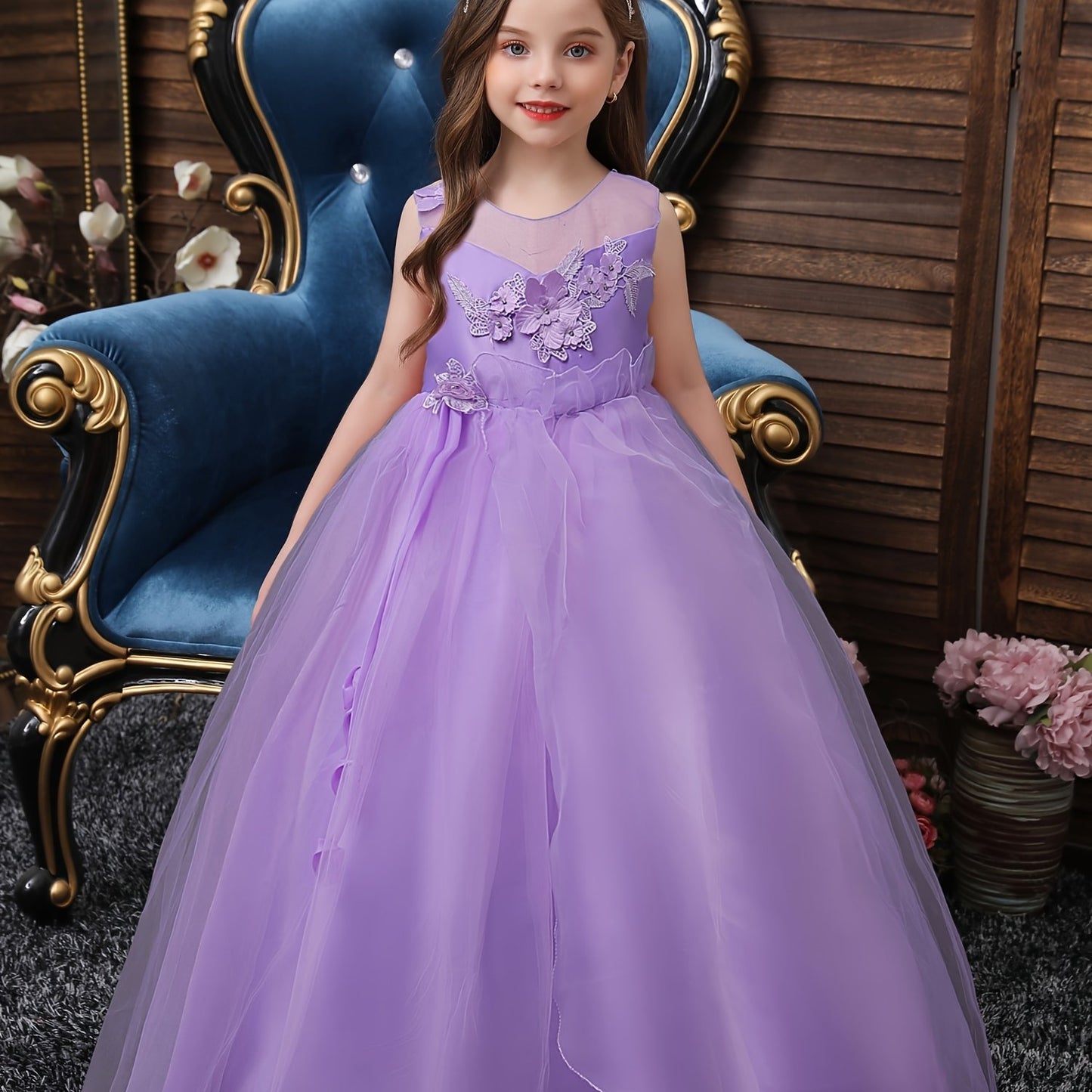 Girls Princess Sleeveless Flower Embroidery Tutu Dress