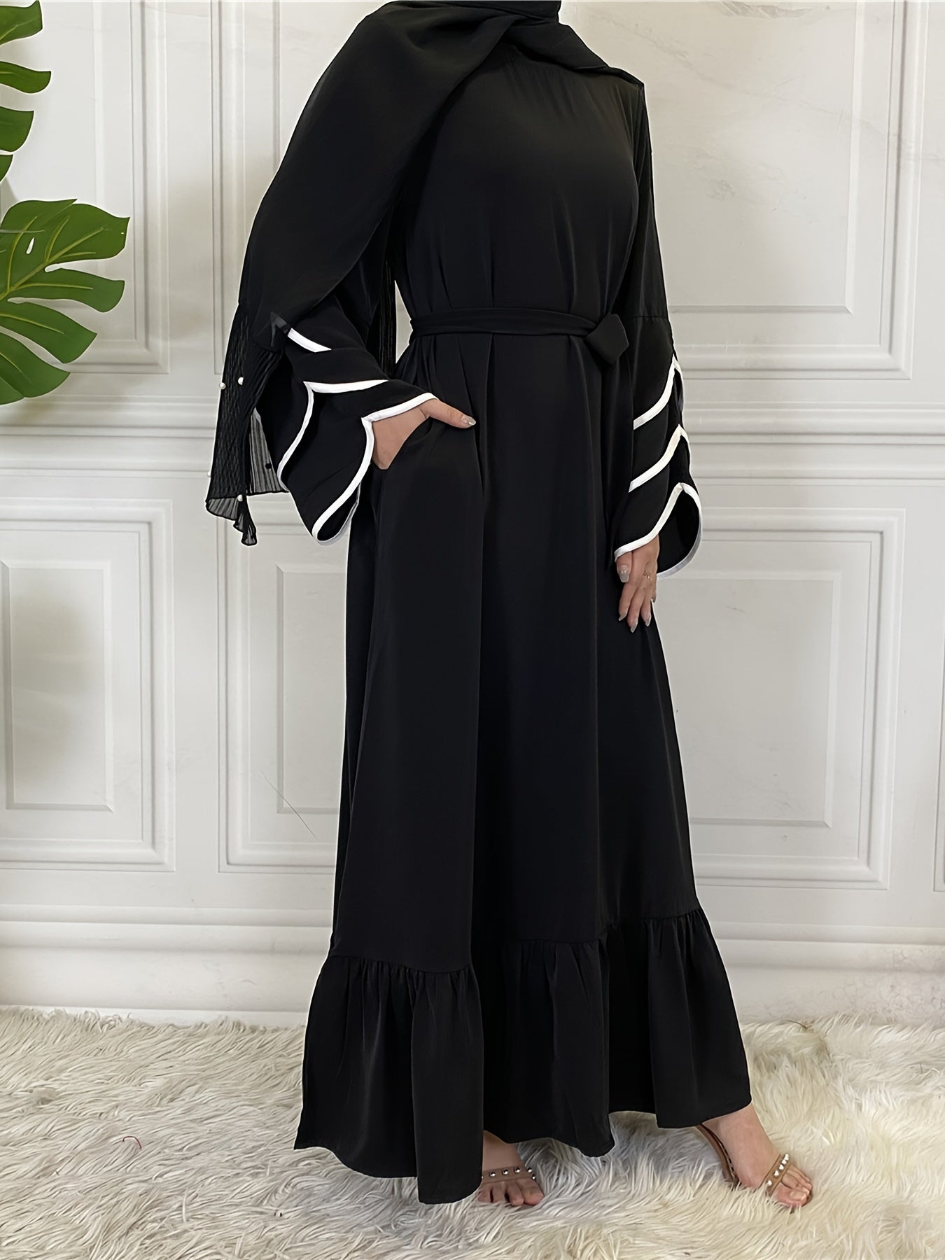 Women's Solid Muslim Petal Sleeve Crew Neck Loose Dress