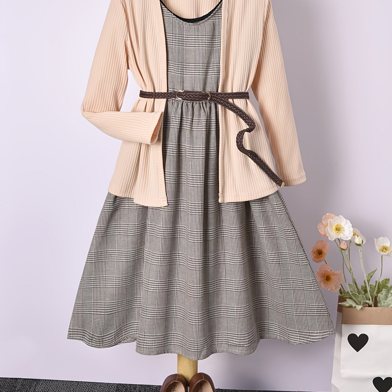 Girls Elegant Houndstooth Vest Dress and Apricot Ribbed Jacket Set