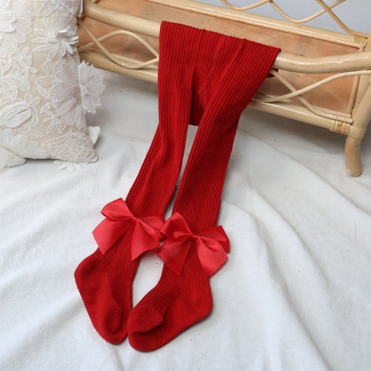 Kids Solid Large Bow Autumn-Winter Leggings Socks: Stylish and Warm Footwear for Children