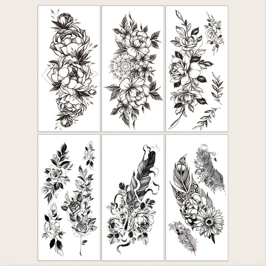 6-Piece Grass Print Pattern Big Flower Arm Tattoo Decals