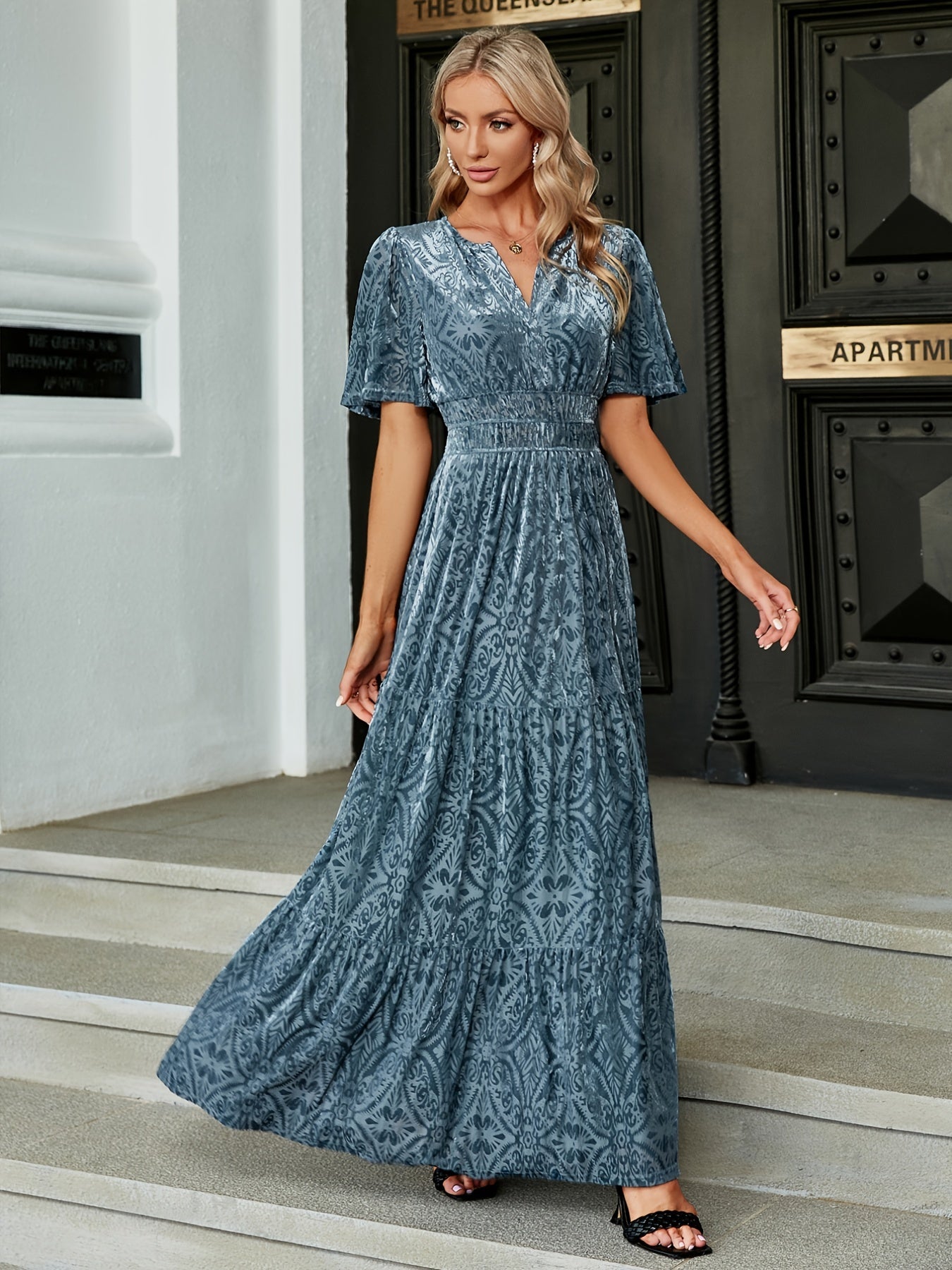 Solid V-Neck Short Sleeve Maxi Dress