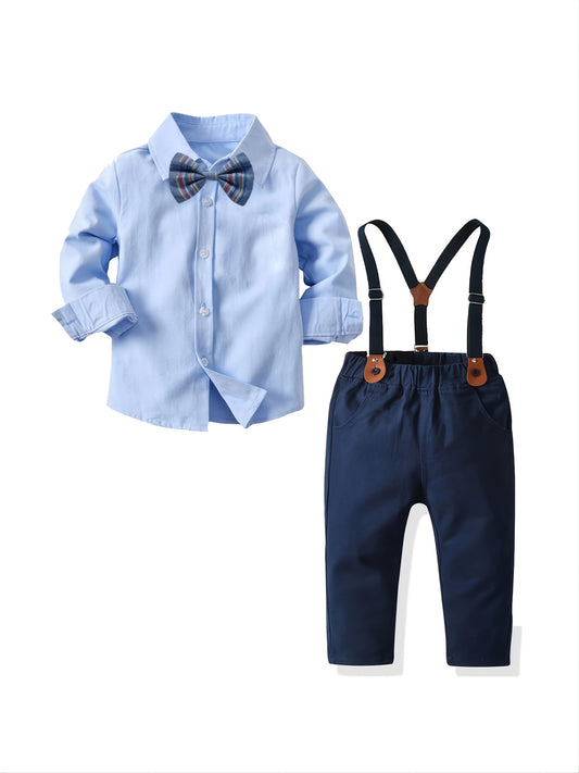 2pcs Boys Gentleman Bow Tie Sky Blue Shirt and Overalls Set