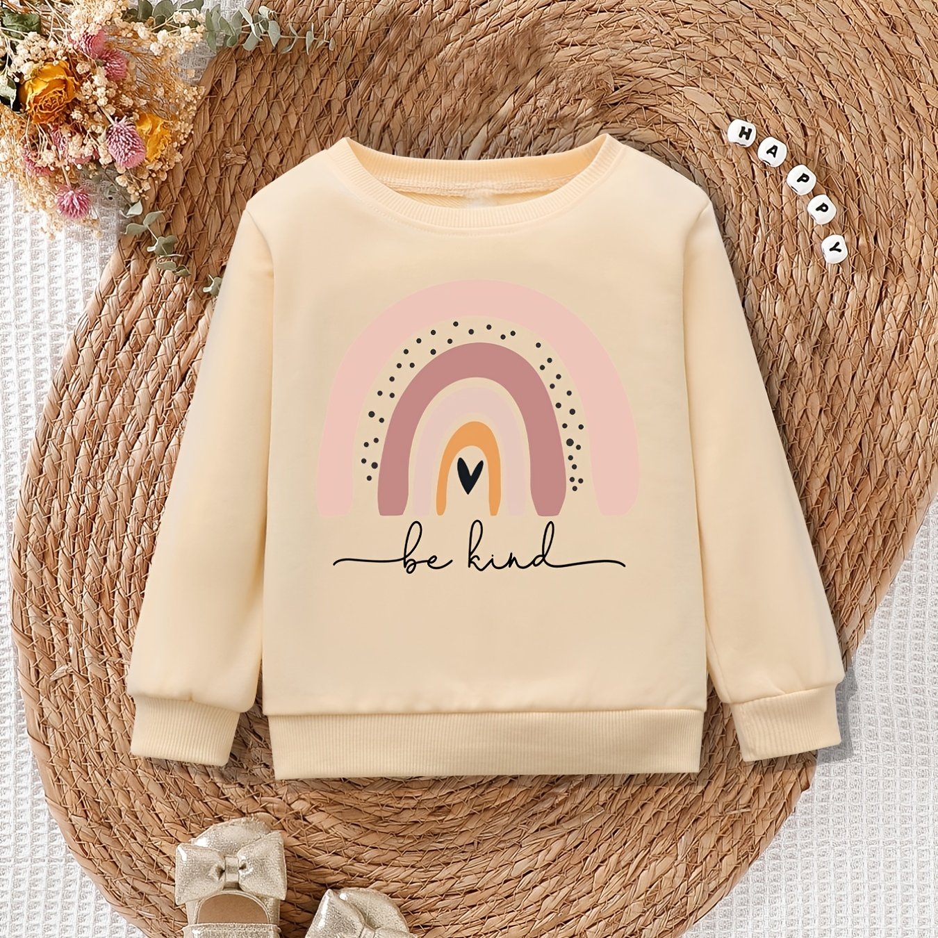 Girls Casual Cute Pullover Sweatshirt with Rainbow "Be Kind" Print