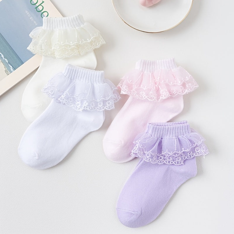 4pairs Girls Lace Decor Cotton Socks